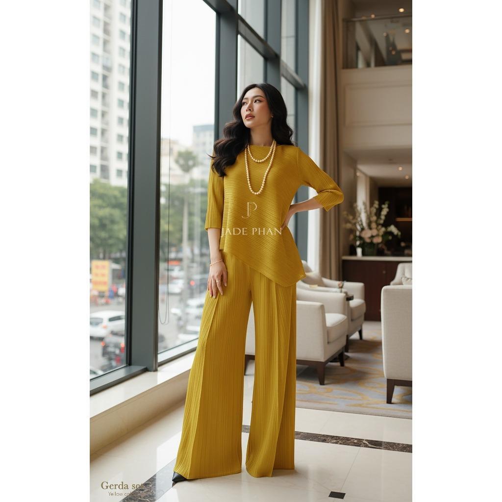 Set gồm áo và quầnđồng màu dập ly nữ sang trọng, áo tay lửng và quần ống rộng xếp ly lò xo Gerda — ảnh 21