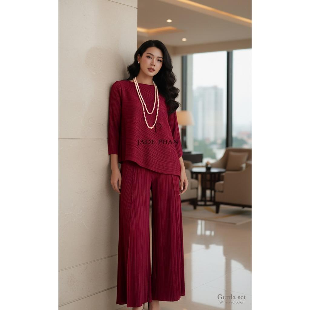 Set gồm áo và quầndập ly nữ sang trọng, áo tay lửng và quần ống rộng xếp ly lò xo Gerda — ảnh 3