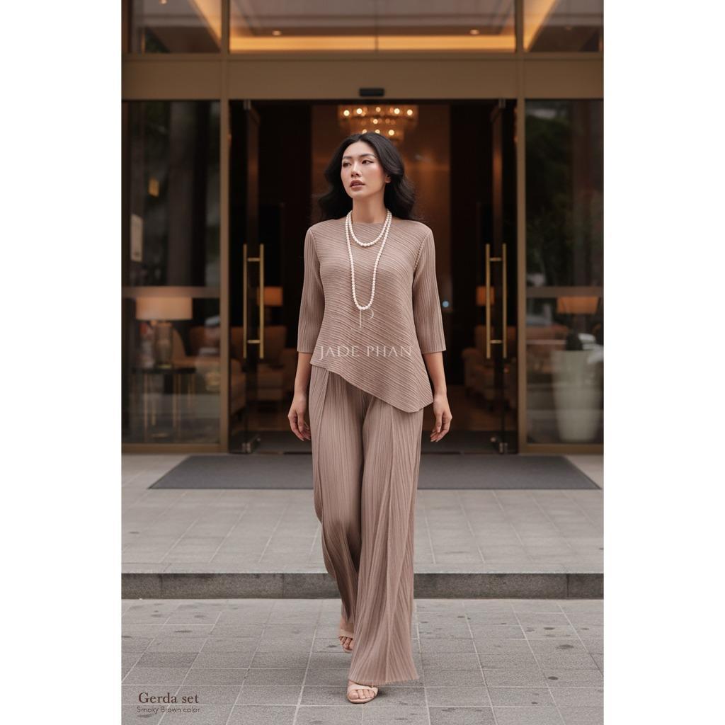 Set gồm áo và quầnđồng màu dập ly nữ sang trọng, áo tay lửng và quần ống rộng xếp ly lò xo Gerda — ảnh 19