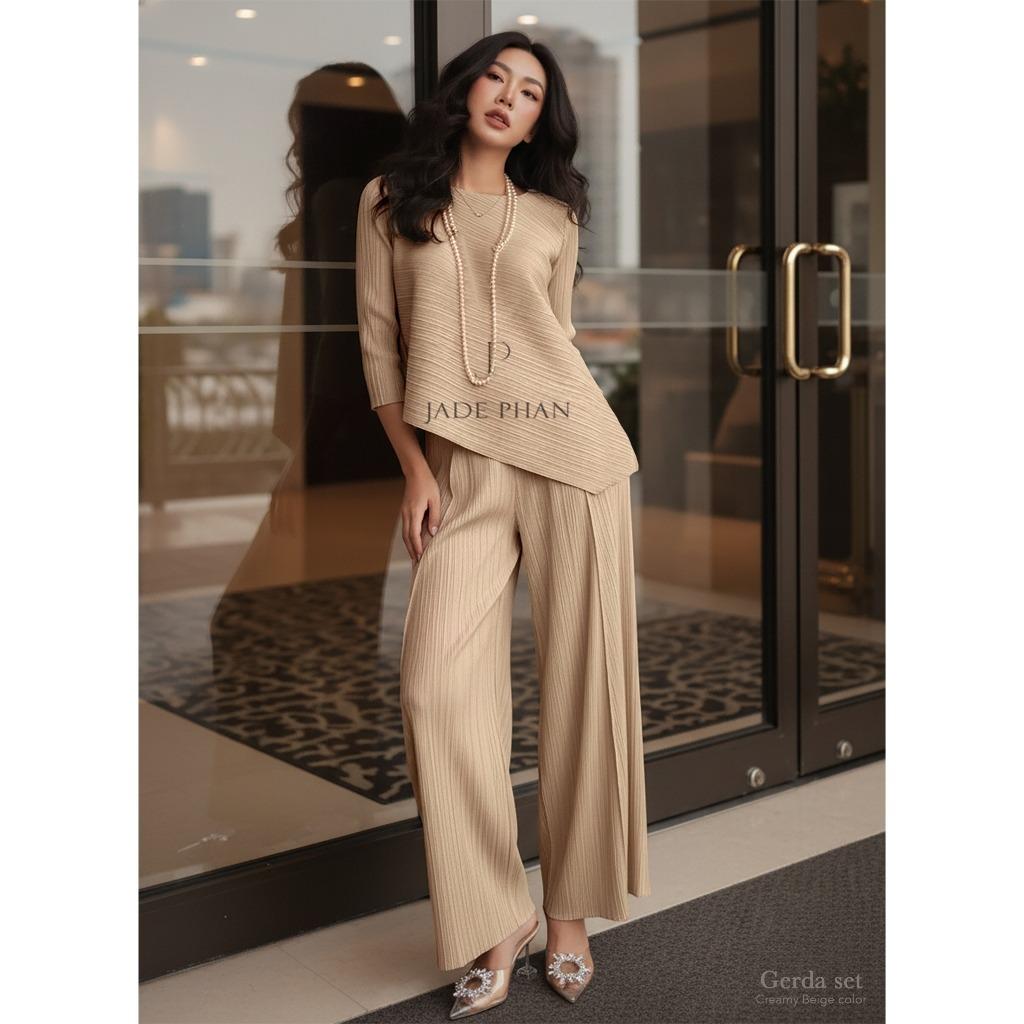 Set gồm áo và quầndập ly nữ sang trọng, áo tay lửng và quần ống rộng xếp ly lò xo Gerda — ảnh 20