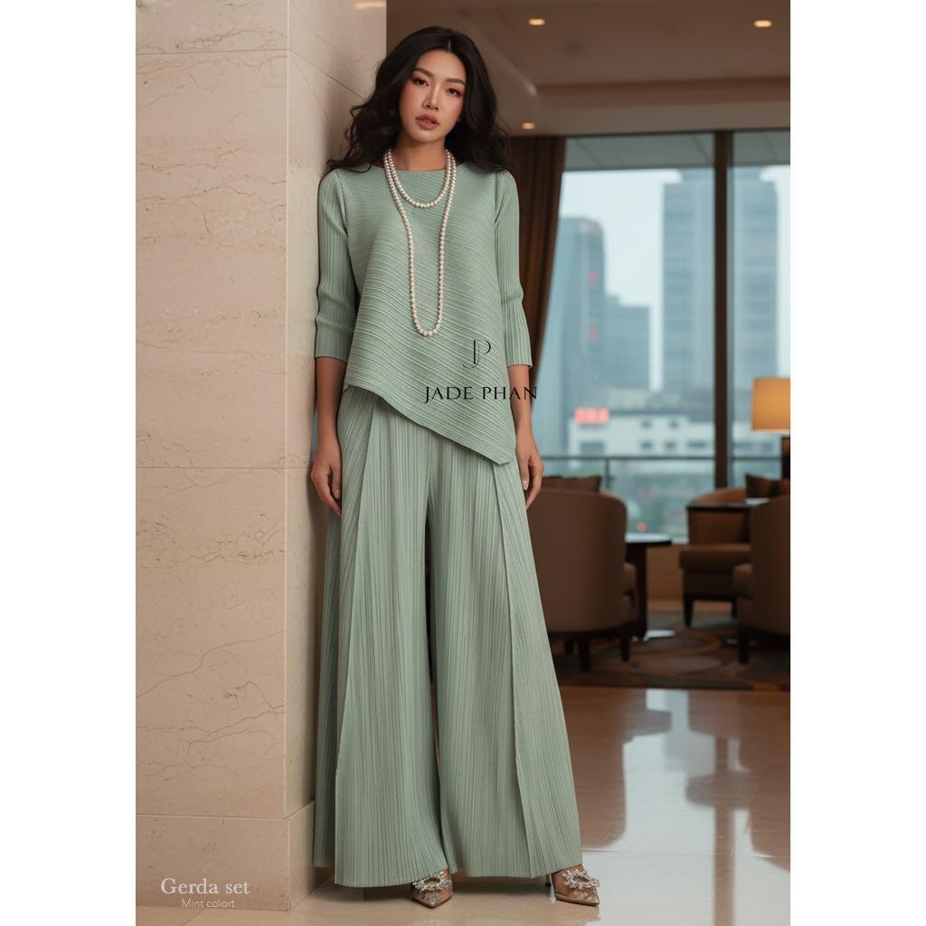Set gồm áo và quầnđồng màu dập ly nữ sang trọng, áo tay lửng và quần ống rộng xếp ly lò xo Gerda — ảnh 12