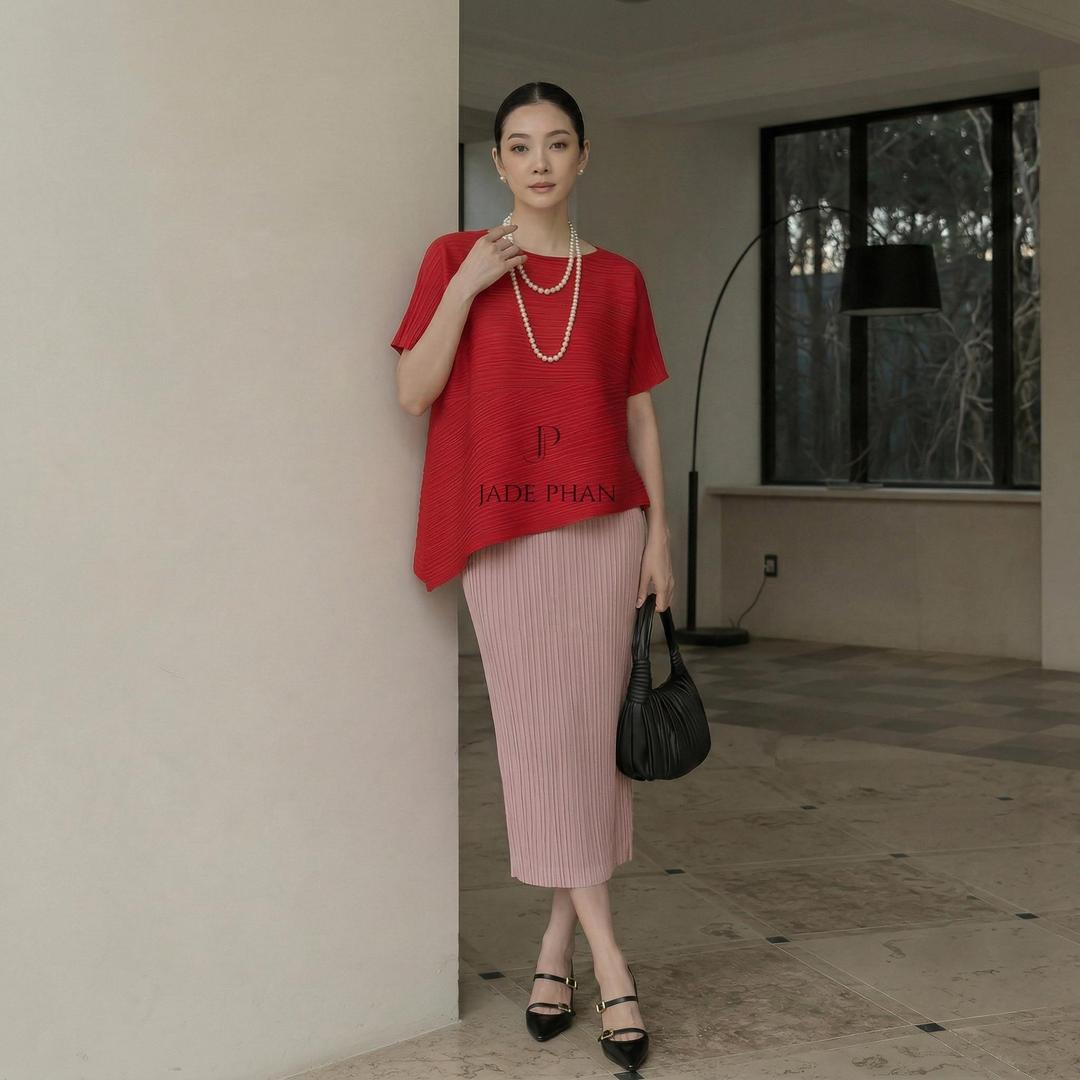Set gồm áo và chân váyKatle Audora mix màu, áo xếp ly tà chéo và chân váy bút chì xẻ cạnh bắp chân dập ly cao cấp nhiều màu — ảnh 5