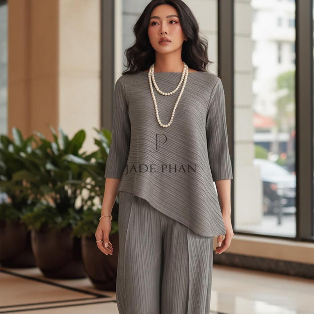 Set gồm áo và quầnđồng màu dập ly nữ sang trọng, áo tay lửng và quần ống rộng xếp ly lò xo Gerda — ảnh 1