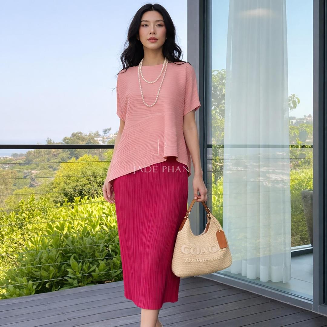 Set gồm áo và chân váyKatle Audora mix màu, áo xếp ly tà chéo và chân váy bút chì xẻ cạnh bắp chân dập ly cao cấp nhiều màu — ảnh 6