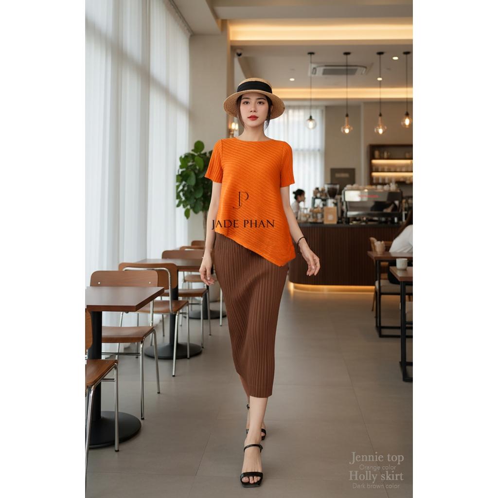 Set gồm áo và chân váyJennie Holly mix màu, áo cộc tay chân váy bút chì midi dập ly lò xo nhiều màu — ảnh 8