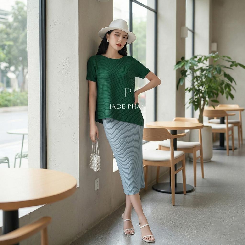 Set gồm áo và chân váyJennie Holly mix màu, áo cộc tay chân váy bút chì midi dập ly lò xo nhiều màu — ảnh 17