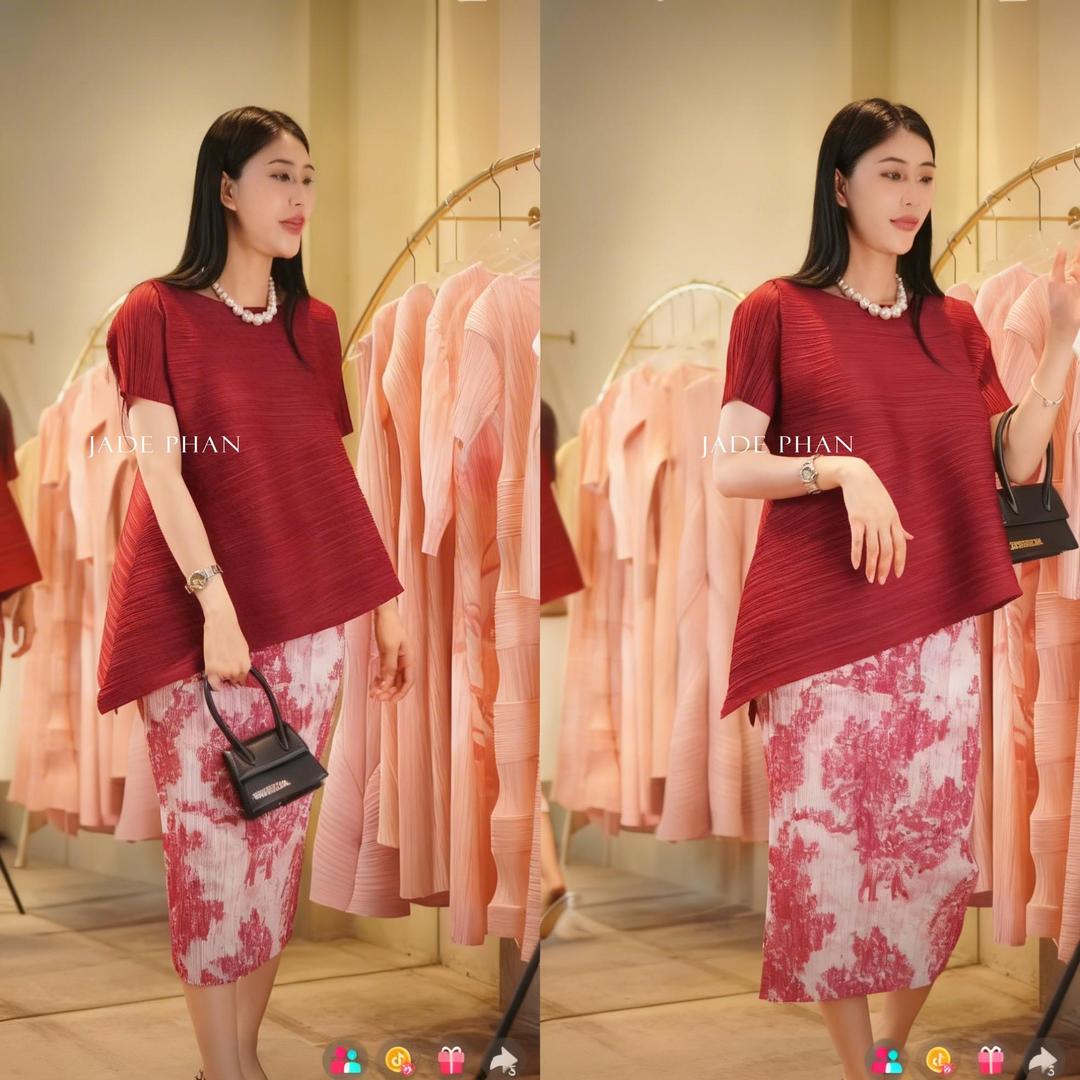 Set gồm áo và chân váyxếp ly Áo katle vàng và chân váy Holly mảng màu cam vàng xanh dập ly [+] — ảnh 8