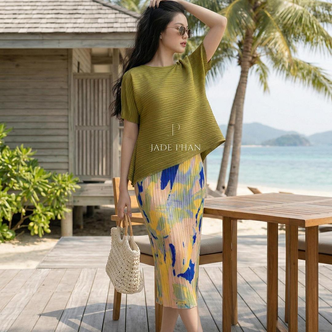 Set gồm áo và chân váyxếp ly Áo katle vàng và chân váy Holly mảng màu cam vàng xanh dập ly [+] — ảnh 2