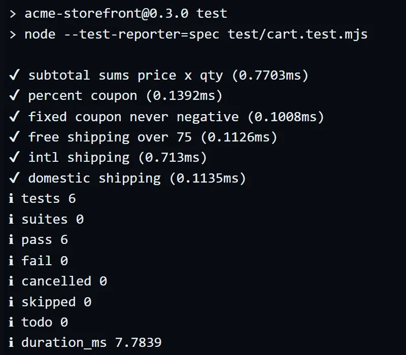 Tower pane showing npm test output with six passing tests